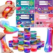 28 Pack Galaxy Butter Slime Cup Bulk Prefilled Goodie Bag with Valentines Gifts Cards for Kids, Soft and Stretchy Slime, Kids Classroom Exchange Gifts School Party Favors (1.2" x 1.6")