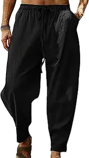 [Generic] Mens Linen Harem Pants Casual Drawstring Lightweight Trouser Drawstring Men Cropped Hippie Beach Yoga Pants