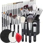 Bueart Design Pro makeup Artist 34Pcs Deluxe Real Goat Hair Horse hair Makeup Brushes Set with extra Large Holder High End Professional labeled makeup brush set with natural Pony Hair