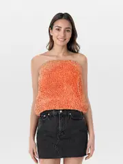 Orange Faux Shearling Bandeau Top