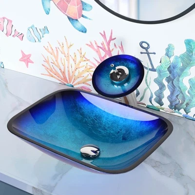 Aquaterior Rectangle Glass Sink Artistic Vanity Basin Waterfall Faucet Kit