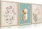 Generic Nursery Wall Art Cute Bunny Botanical Flowers Wall Decor Pink Green Nursery Pictures Posters Girl Bedroom Canvas Prints gifts for Baby Boys and Girls Playroom paintings Unframed(12x16inch)