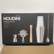 Houdini Glass Wood Bar Tool Kit Barware Bartender Set 5pc Shaker Jigger