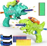 Happitry Dinosaur Toy Guns for Toddlers Age 6, Small Dino Blaster Toys for Boys Years Old, Easy to Shoot Foam Dart Gun Set for Kids, Cool Birthday Gift Idea for boy, 2 Pack T-rex & Triceratop