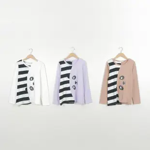 【Dailo】大熊貓條紋拼接舒適長袖上衣(白 咖 紫)