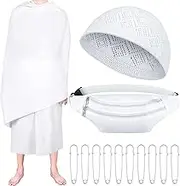 Suhine 14 Count Men's Ihram Set for Hajj and Umrah Essentials, Islamic Ahram Ehram Towel Umrah Haji Waist Belt Kufi Hat and 10 Pins, Free Size, Mainly White