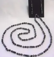 32" HAND KNOTTED SNOWFLAKE OBSIDIAN GEMSTONE BEADED NECKLACE & EARRING SET