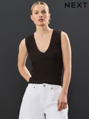 Chocolate Brown Sleeveless Textured V-Neck Tank Top (AJ3597) | $38