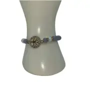 Blue & White Beaded Gold-Tone Tree of Life Pendant Rhinestone Stretch Bracelet