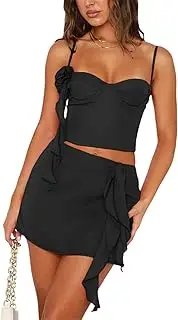 [Yoskog] Women Ruffle 2 Piece Skirt Sets Sheer Mesh 3D Flower Top+Fringed Irregular Bodycon Mini Skirt Y2K Outfit Streetwear, B Black, S