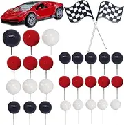 30PCS Race Car Cake Toppers with Checkered Flag, Red Black White Balls, for Race Car Themed Birthday Party