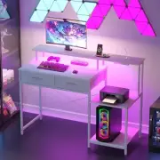 120cm Gaming Desk LED Lights Reversible Printer Shelf Computer Table White