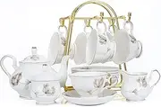 15-Piece Porcelain Ceramic Coffee Tea Gift Sets, Cups& Saucer Service for 6, Teapot, Sugar Bowl and Creamer Pitcher.