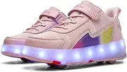 [SFDPDM] Boys Girls Roller Skates Shoes with 4 Wheels, LED Lights Double Row Technical Skate Trainers Shoes for Unisex Kids,Pink-1.5LittleKid