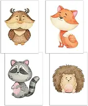 Presentou Set of 4 Animal Pictures | Children's Room Poster Wall Pictures Decoration | Cute Painted Watercolour Look | Forest Africa Safari | DIN A4 Premium Paper (Forest Animals 1 - Owl Fox Raccoon Hedgehog)