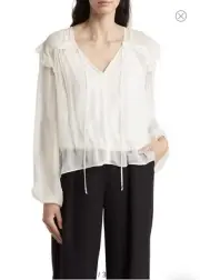 BCBGMAXAZRIA Ruffle Long Sleeve Chiffon Top Blouse Off White/GARDENIA MRSP $198