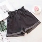 Plus Size Summer Women's Denim Shorts Harem Ruffle White High Waisted Shorts Elastic Waist Jeans for Women black XL