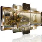 5 Panel Yellow Orchid Flowers Canvas Print - Abstract Golden Floral Wall Deco...