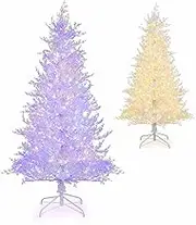 Costway 185CM Pre-Lit Artificial Christmas Tree, 11 Lighting Modes, White Hinged Xmas Tree with 383 Snow-Flocked PE Tips, 300 Multi-Color & Warm-White Fairy LED Lights, Home Office Party Holiday Decor