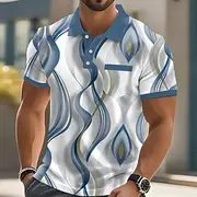 Men's Abstract Geometic Polo Short Sleeve Polo Shirts Collared Shirts Business Casual Outdoor Athleisure Daily Wear Buttons Pocket 3D Print Summer Blue Purple