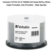 Verbatim 94755 CD-R 700MB 52X DataLifePlus White Inkjet Printable 50pk Inkjet