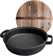 SOGA 33cm Round Cast Iron Pre-Seasoned Deep Baking Pizza Frying Pan Skillet with Wooden Lid