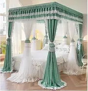 4 Corner Post Ruffle Edge Bed Canopy Mosquito net, Romantic Decorative Bed Curtain for s' Princess Room Bedroom, with Metal Support (Color : Green, Size : 180X220cm/71X87in)