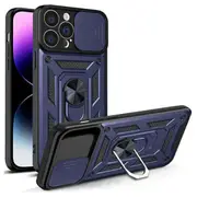 For Apple iPhone 14 Pro Max Case, Military Grade 360 Degree Rotating Metal Magnetic Ring Car Mount Holder Kickstand Shockproof Heavy Duty Cover (Navy Blue)