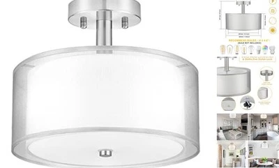 Silver Semi Flush Mount Ceiling Light Fixture, 3-Light Drum Light with Double