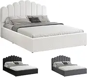 ALFORDSON Bed Frame with Gas Lift Storage Base Double Size, Bed Platform Foundation with Boucle Fabric Upholstered Tufted Headboard for Mattress Topper, Milton Boucle White