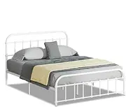 ALFORDSON Metal Bed Frame Double Size, Minimalist Bed Platform with Reinforced Steel Frame, Industrial Railing-Style Mattress Foundation with Ventilated Design & Rust-Resistant Finish, White