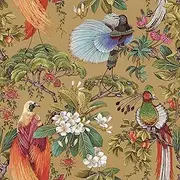 [VEELIKE] Oriental Ochre Yellow Bird Wallpaper Stick and Peel Vintage Floral Wallpaper for Bedroom Bathroom 17.7''x118'' Chinoiserie Wall Paper Removable Renter Friendly Floral Wall Mural for Room Decor