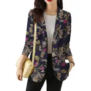 Nevenka Womens Printed Blazer Lapel Long Sleeve Open-Front Casual Jacket-Navy Blue