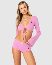 EDIKTED Womens Cherrie Tie Front Pointelle Top PINK