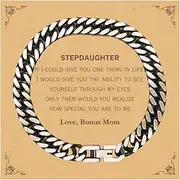 [Generic] To My Special Stepdaughter, Cuban Link Chain Bracelet, Engraved Love From Mom, Perfect Birthday Gifts for Her Confidence and Inspiration, Small, Silver Plated Zinc, Cubic Zirconia
