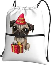 EdWal Cute Happy Birthday Pug Puppy Print Drawstring Backpack Gym Bags Sports Bags With Zipper Pocket For Travel Beach, Black, One Size
