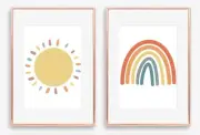 2 x A4 Nursery/Baby/Kids Play Room Wall Print Watercolour Patel Rainbow Sun