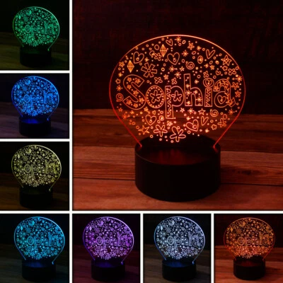 3D Sophia Name Desk Light - 7 Color LED Lamp Base w USB & Touch control