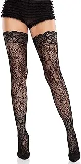 [Leg Avenue] Women’s Cross Hatch and Floral Lace Stay Up Thigh High Stockings for Women Sexy, Black, One Size, Black, One Size