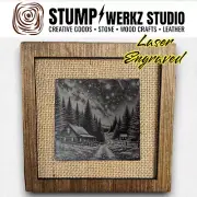 Framed Slate Tile Wall Art Decor Engraved Log Cabin Night Stars Mountains Snow