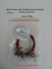 WIRE TRACE LEADER 316 STAINLESS STEEL, RED NYLON COATED 40 cm 50 kg rated 10 Pk