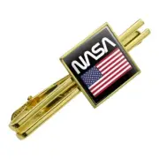 NASA Worm Logo United States Flag Square Tie Bar Clip Clasp Silver or Gold