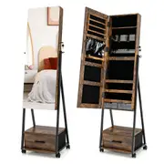 Giantex Mobile Mirror Jewelry Cabinet Full Length Mirror & Drawers Makeup Organizer Storage Cabinet Brown