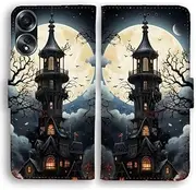Flip Wallet Phone Case for Oppo A/AX/R/Find/Reno Phone Series - Spooky Halloween Haunted House Theme Print (Oppo A96 5G)