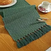 Laolitou Rustic Table Runner with Tassels, Boho Farmhouse Table Runners 108 Inches Long for Holiday Party, Wedding and Dining Table Decor, 13x108 Inches, Dark Green