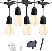 JESLED Solar Lights Outdoor, 33ft 2700K Warm White Party Festoon String Light with S14 12+1 LED Bulbs IP65, USB Solar Charging with 4 Light Mode Hanging Decorative String Lamp for Patio Garden Balcony