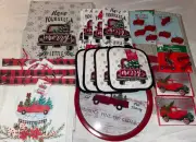 NEW Huge Mixed LOT Vintage Red Truck Christmas Decor Table Runner Rug Ornaments