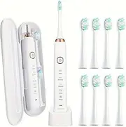 Sonic Electric Toothbrush, Travel Electric Toothbrush for Adults, IPX7 Rechargeable Oral Toothbrushes with 8 Brush Heads and Travel Case, 5 Modes with 2 Minutes Built in Smart Timer (White)