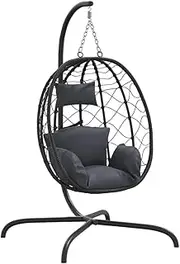 vidaXL Hanging Egg Chair with Anthracite Cushion - Poly Rattan Seating for Indoor/Outdoor Use - Powder-Coated Steel Frame - Garden/Patio Lounge Chair, 195 cm Height