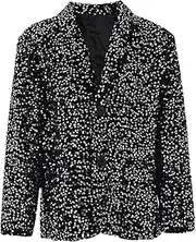 [Bciopll] Women Black Sequins Shining Big Size Casual Blazer Lapel Long Sleeve Suit Jacket